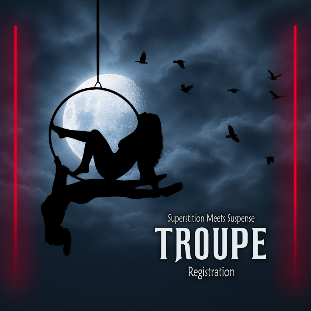 Bad Omens_DF_Square-Troupes-v3 Troupe registration for Bad Omens, Superstition Meets Suspense. Two aerial artists silhouetted on an aerial hoop against a full moon, one seated in the hoop and one hanging below in a split, with ravens in a stormy night sky.