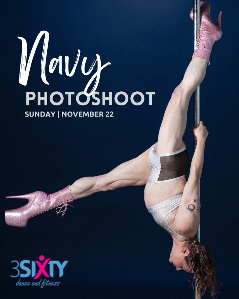 Navy Photoshoot poster, Sunday November 22: a pole dancer in pink platform boots inverted on the pole against a navy blue backdrop